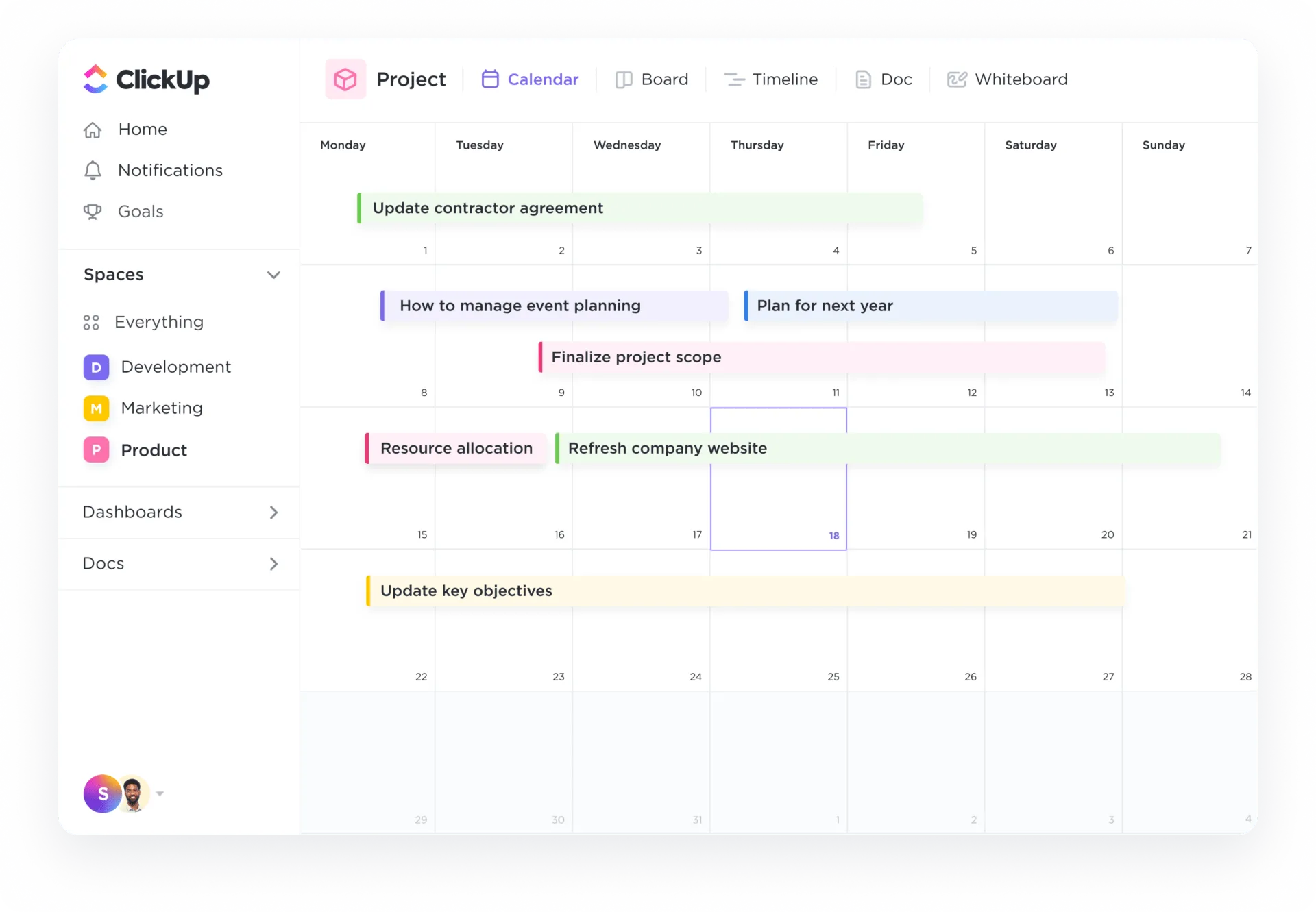 Exibição do calendário do ClickUp