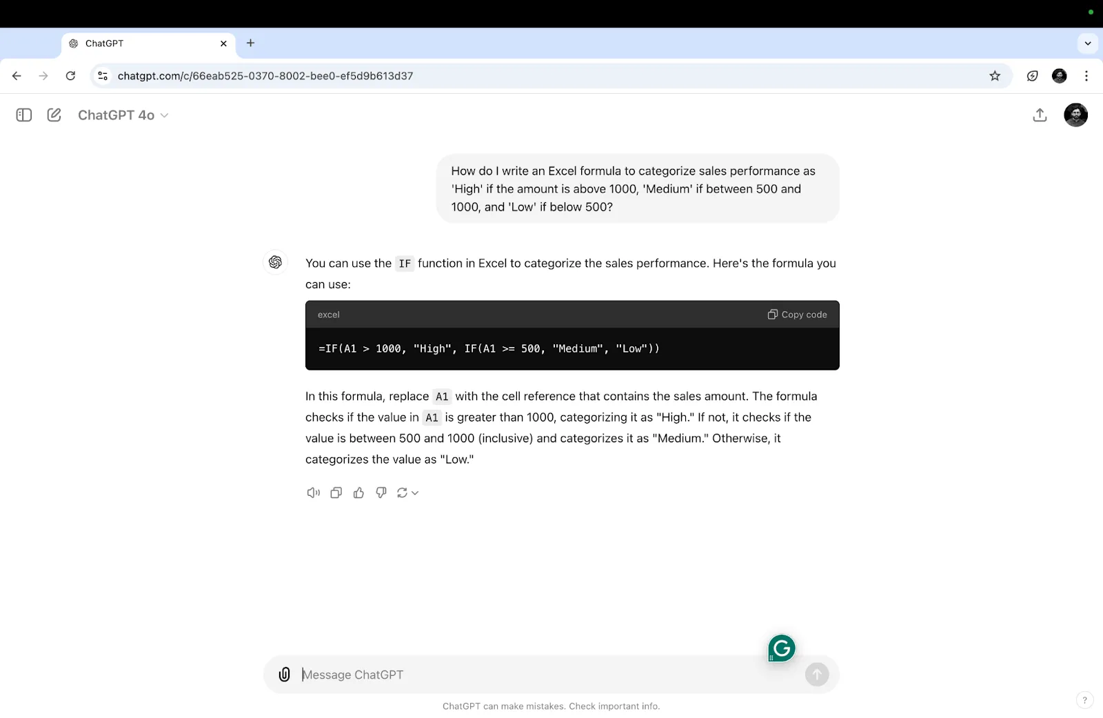 ChatGPT generando una fórmula IF anidada para categorizar el rendimiento de las ventas: Cómo utilizar ChatGPT para fórmulas de Excel