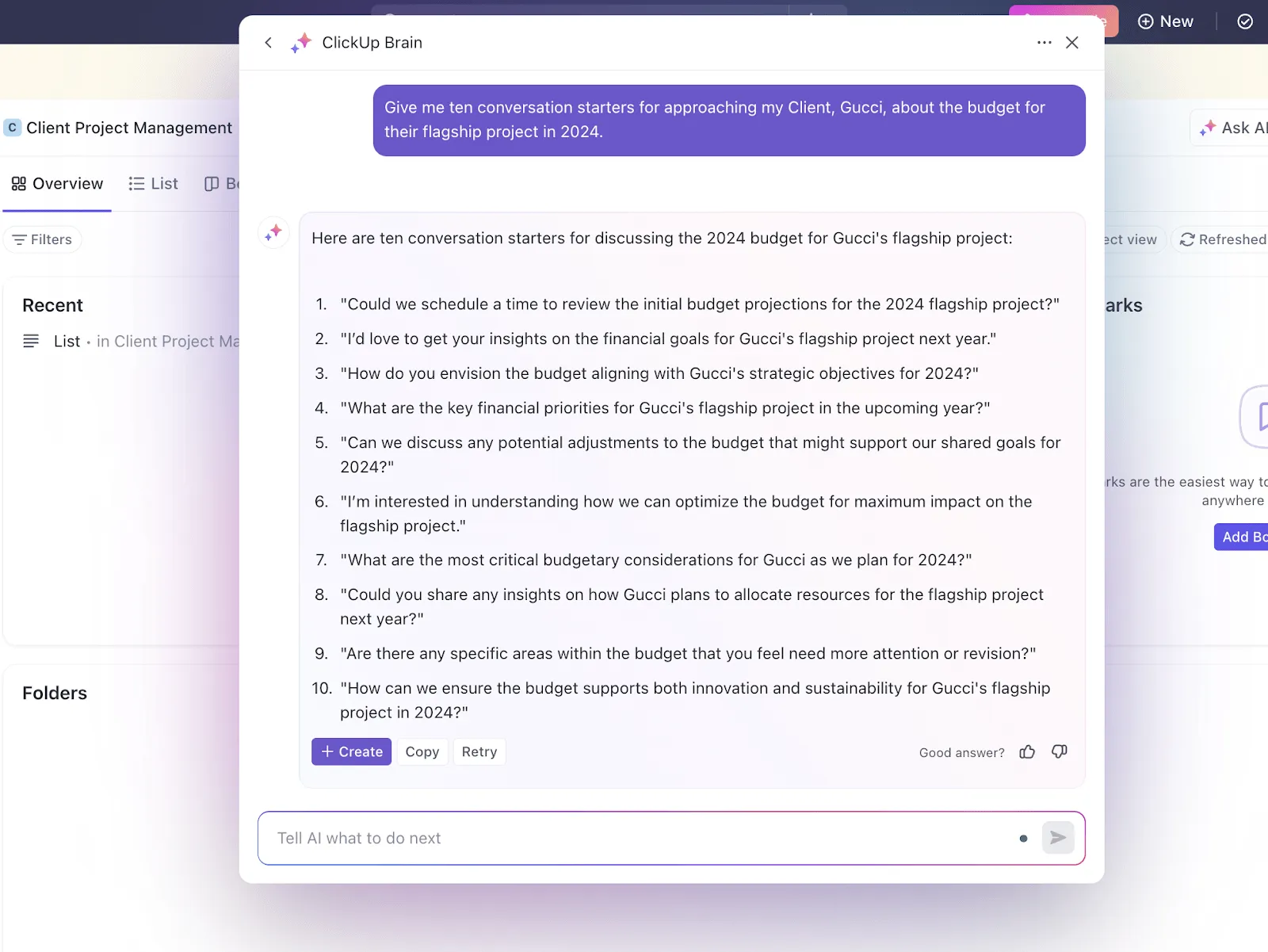 Utilice ClickUp Brain para realizar un mejor seguimiento del presupuesto del cliente.