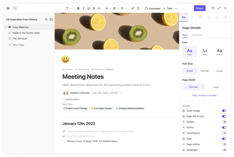 Ví dụ về tính năng kết hợp ClickUp Docs