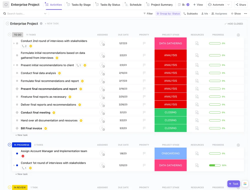 Modèle de plan de projet de conseil par ClickUp