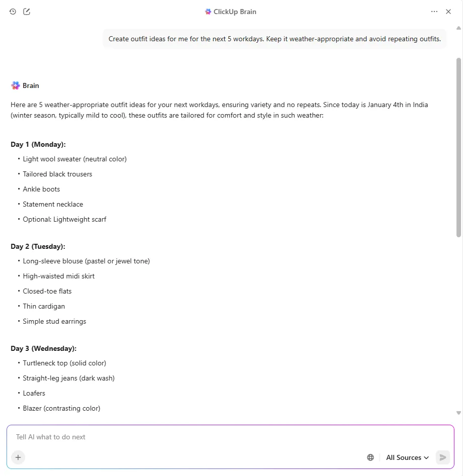 Kıyafet planlaması için ClickUp Brain'i kullanın