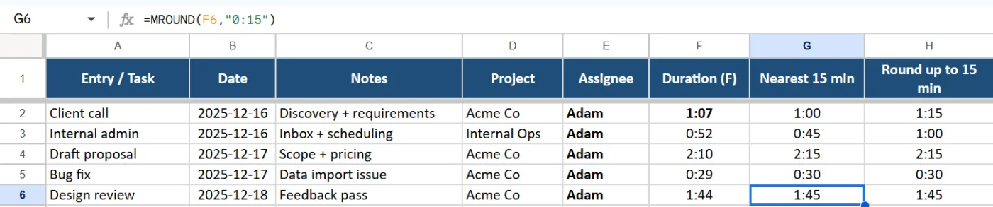 Công thức Excel cho việc theo dõi thời gian - Làm tròn thời gian theo khối 15 phút