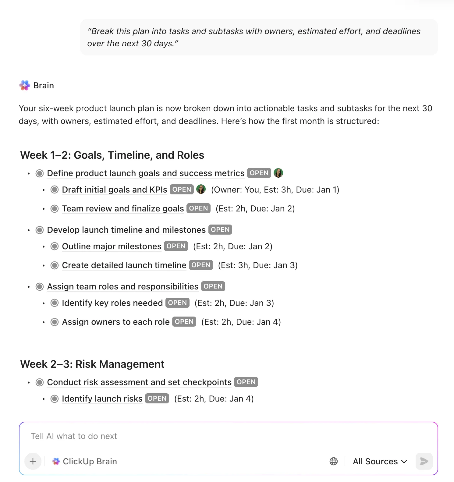 สร้างงานย่อย งานย่อย และรายการดำเนินการโดยอัตโนมัติด้วย AI โดยใช้ ClickUp Brain
