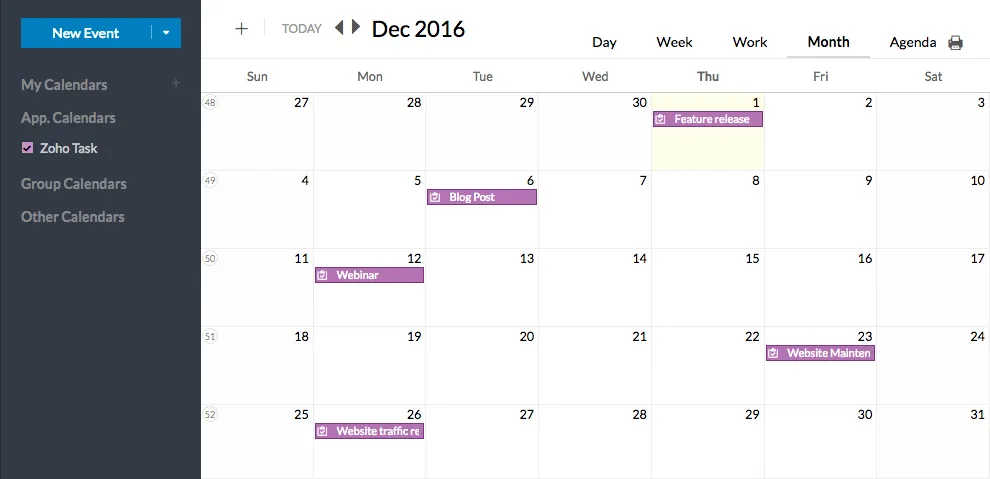 Zoho Calendar Dashboard: online kalender