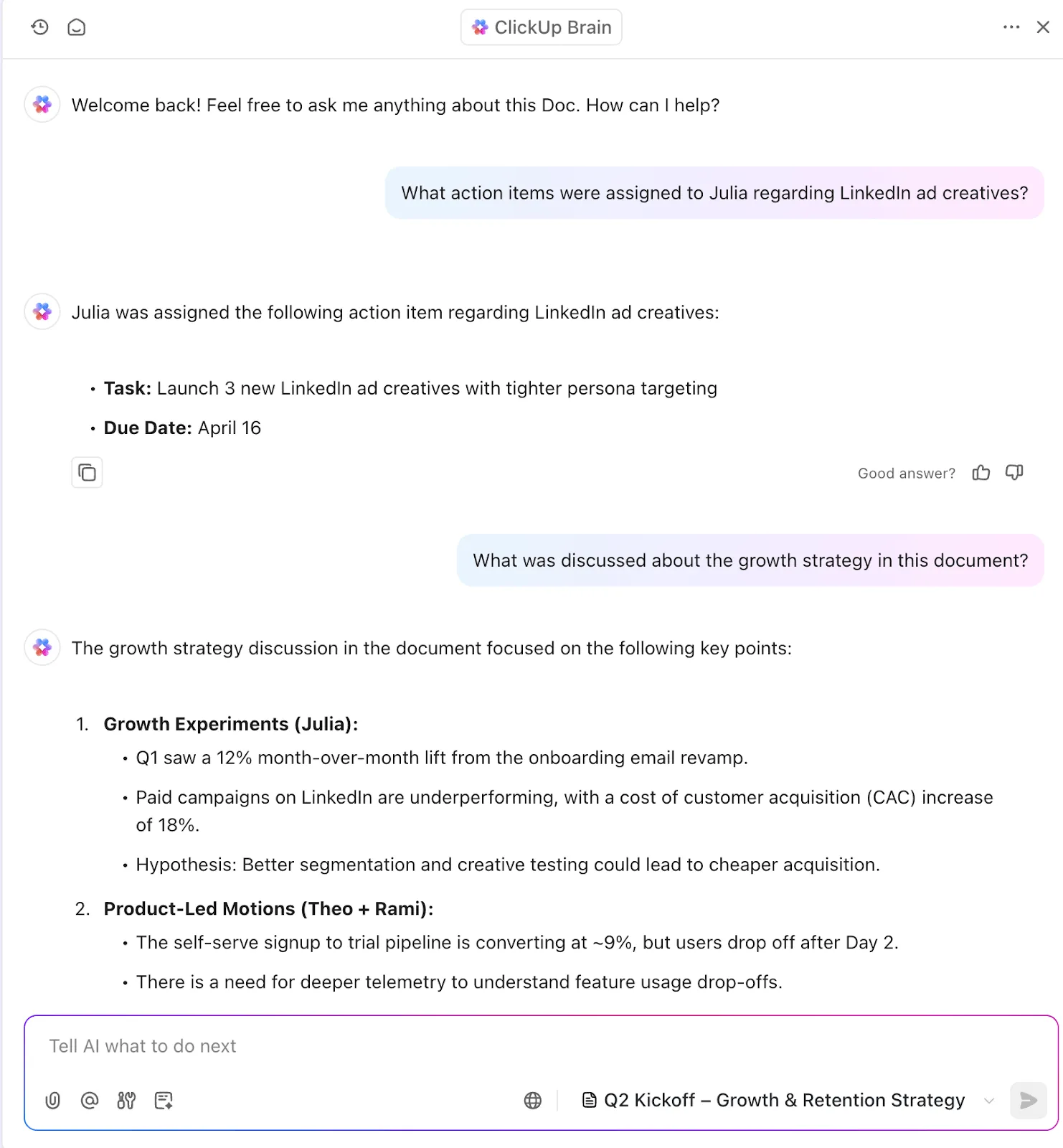 ClickUp Brain: ทางเลือกสำหรับ When2Meet