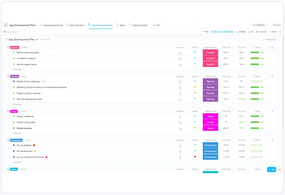 Pianifica ogni fase del processo di sviluppo dell'app, compresa la gestione delle attività, delle notifiche e della reportistica, con il modello di piano di sviluppo dell'app ClickUp.
