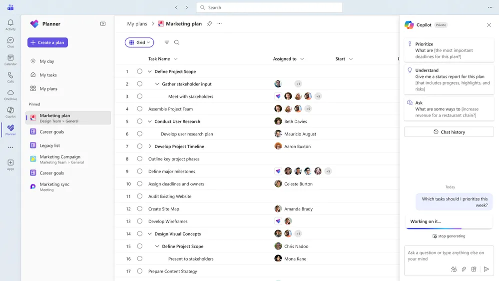 Microsoft Planner Project Manager-agenten som utarbetar en plan, ett AI-verktyg för projektledning för Microsoft 365