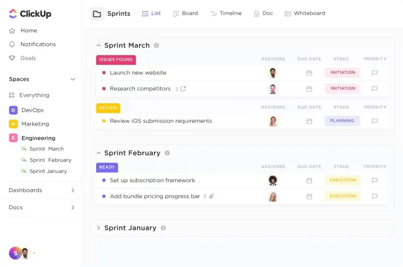 Solução de gerenciamento de projetos para equipes de software ClickUp