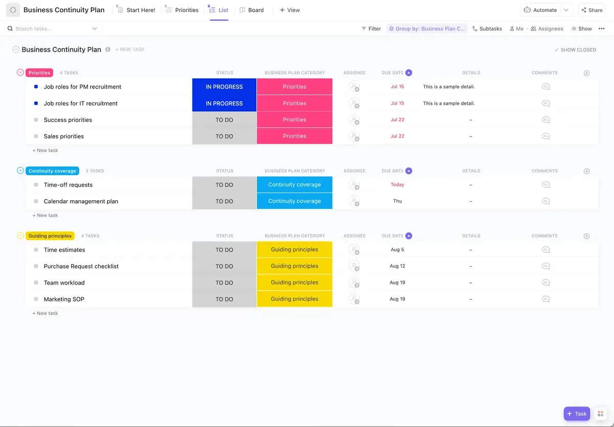 Plantilla de plan de continuidad del negocio de ClickUp