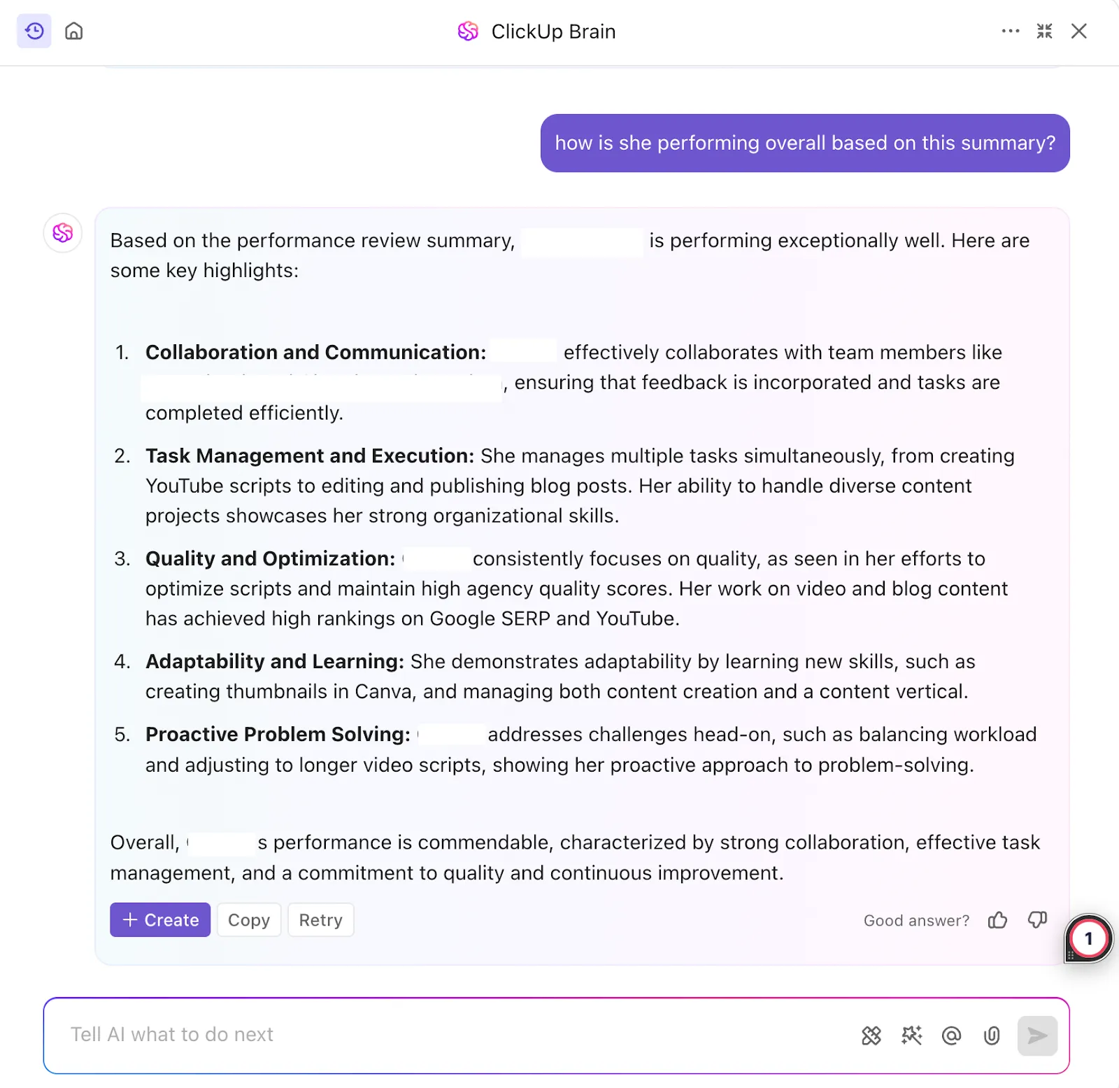 ClickUp Brain: KI für Leistungsbeurteilungen