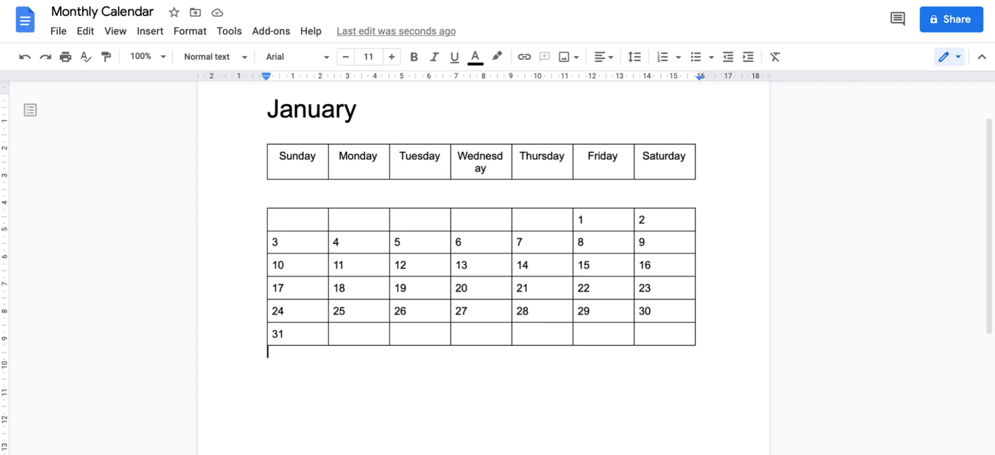 Erstellen eines Kalenders in Google Docs
