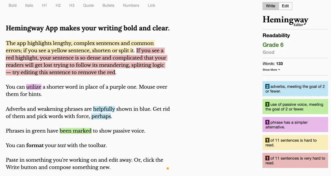 Esempio di app di scrittura Hemingway