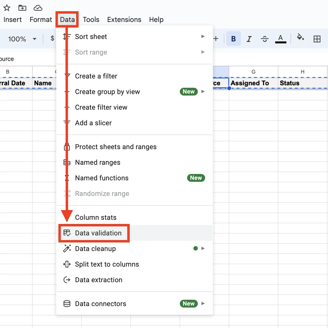 Étapes pour définir des règles de validation des données dans Google Sheets
Feuille de calcul CRM