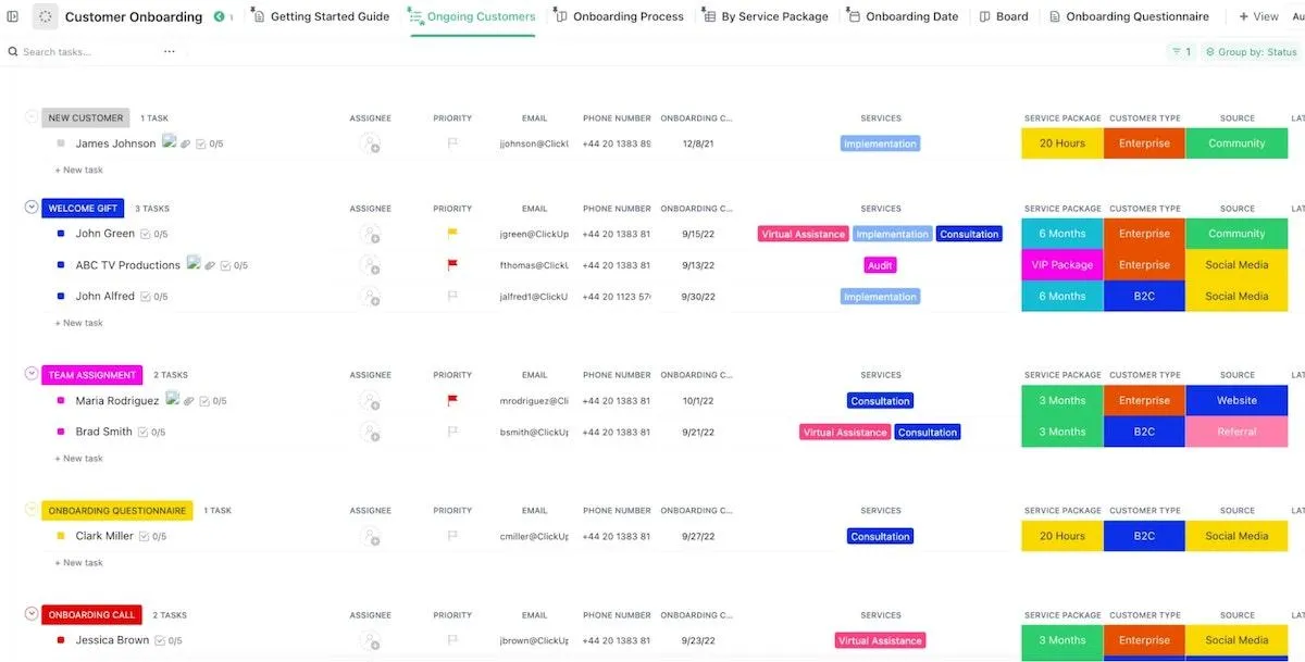 Screenshot der ClickUp-Vorlage für die Kunden-Onboarding