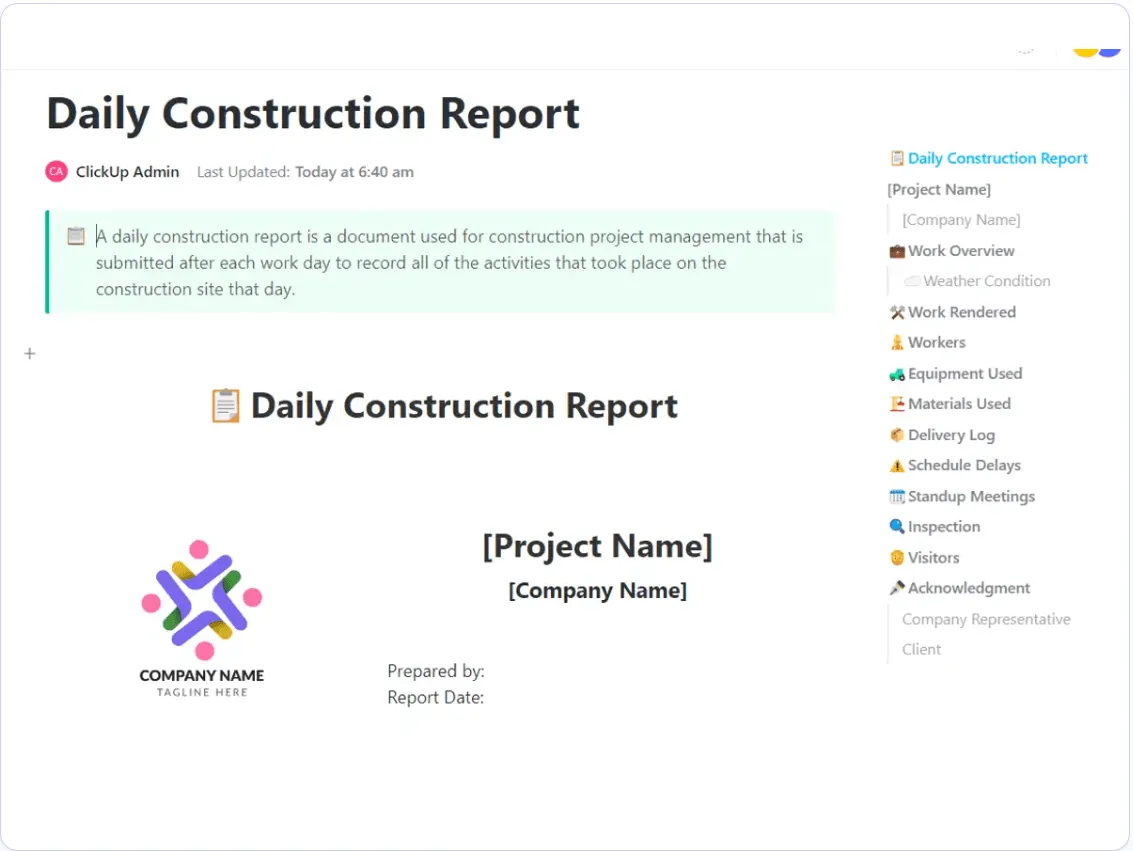 Standardizza la tua documentazione di reportistica utilizzando il modello di rapporto giornaliero di costruzione ClickUp.