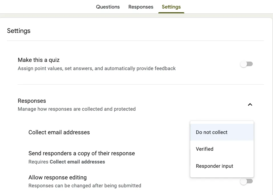 Cara membuat Google Form anonim—Nonaktifkan pengumpulan alamat email