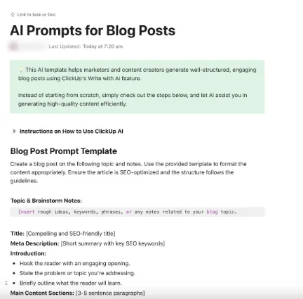 Blog Yazıları için ClickUp AI Prompt &amp; Guide Şablonu
