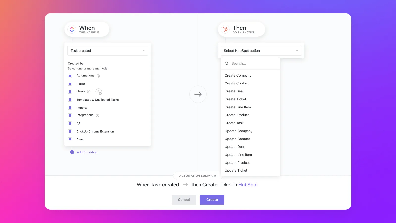 La integración de HubSpot ClickUp le permite crear automatizaciones personalizadas en ClickUp para automatizar procesos manuales y crear un flujo de trabajo fluido.