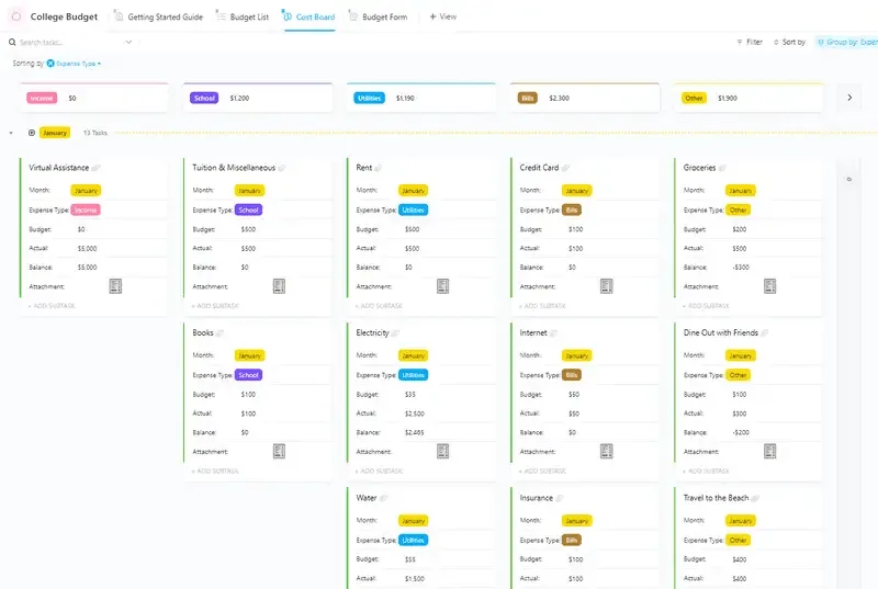 Effettua il monitoraggio delle tue spese universitarie, delle entrate e dei risparmi con il modello di budget universitario ClickUp.