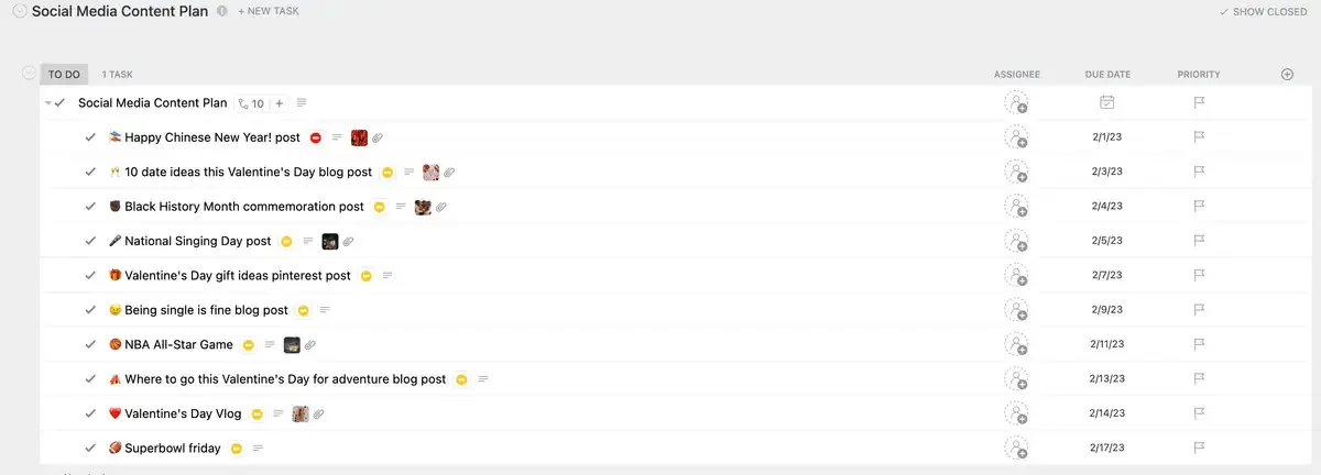 Le modèle de plan de contenu pour les réseaux sociaux de ClickUp est conçu pour vous aider à créer, planifier et gérer votre contenu sur les réseaux sociaux.