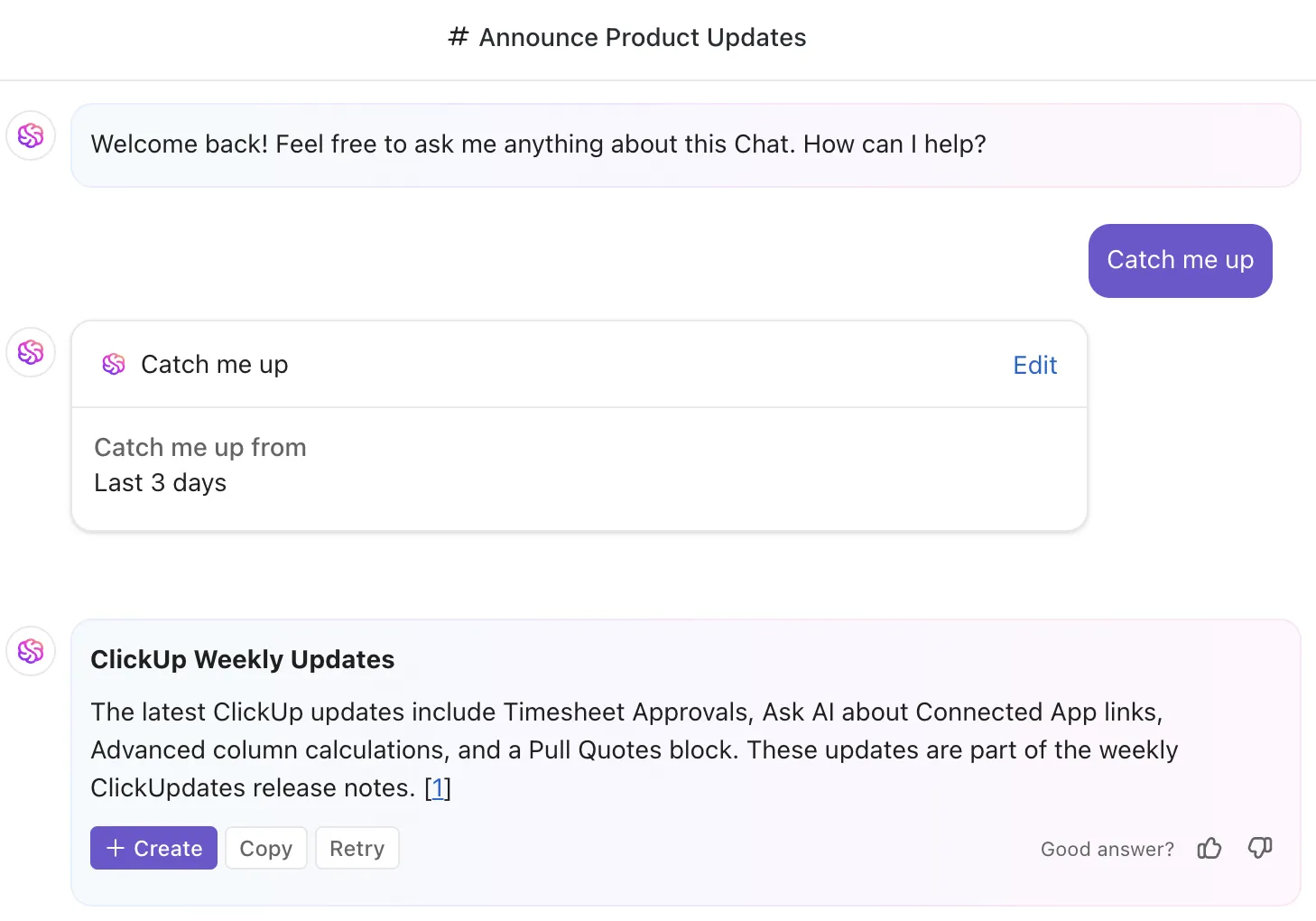 Con ClickUp Brain, puoi chiedere qualsiasi cosa e ottenere risposte immediate.