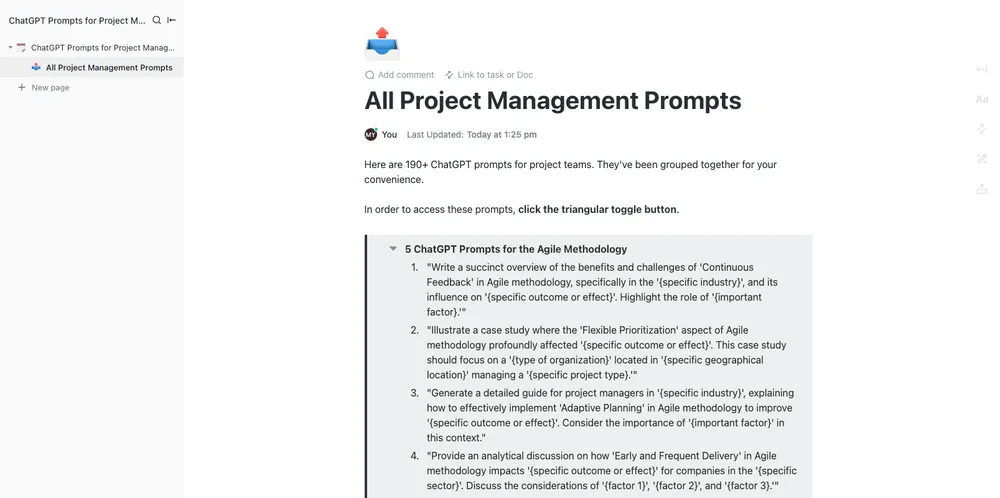 ClickUp ChatGPT Prompts pro šablonu Six Sigma