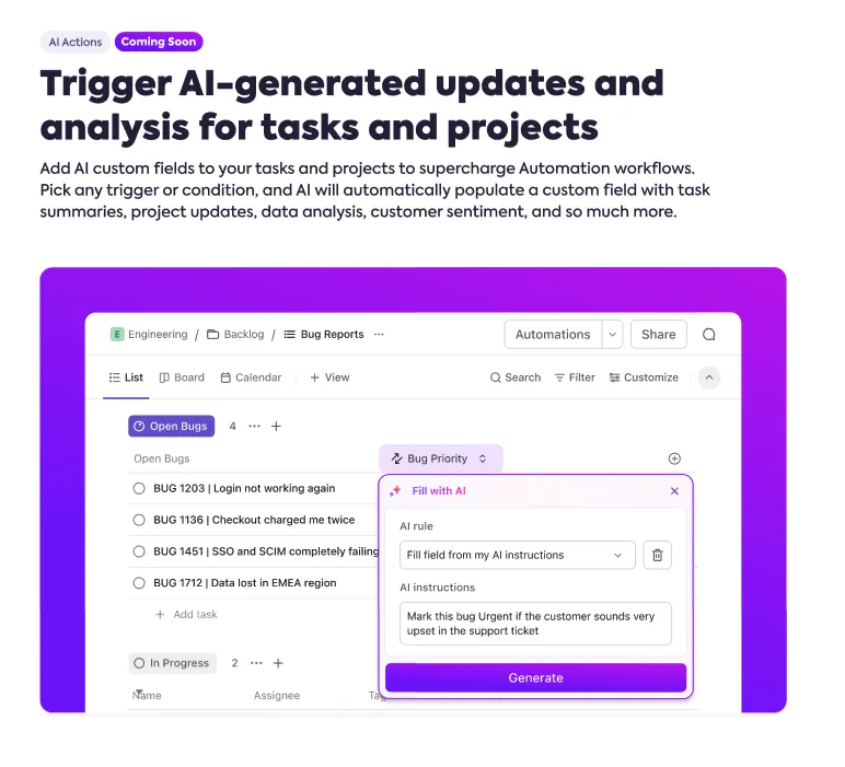 Resúmenes y actualizaciones automáticos de tareas con ClickUp AI.