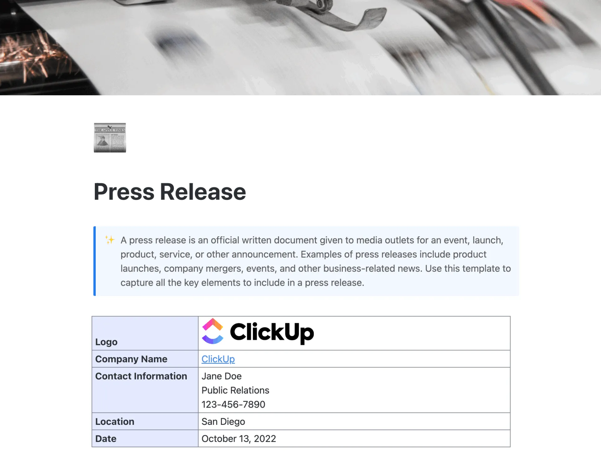 ClickUp 보도 자료 템플릿