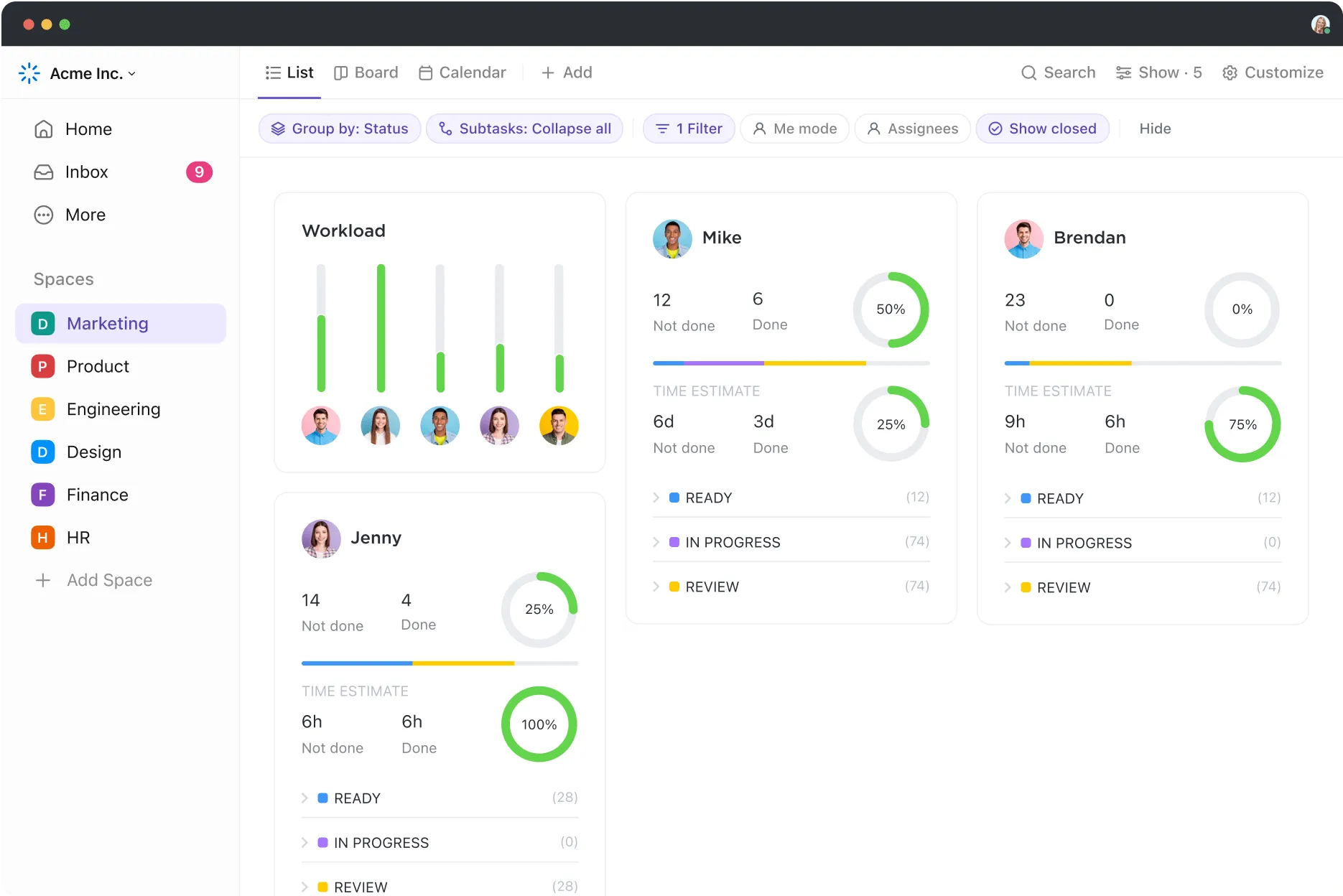 Vista de carga de trabajo de ClickUp