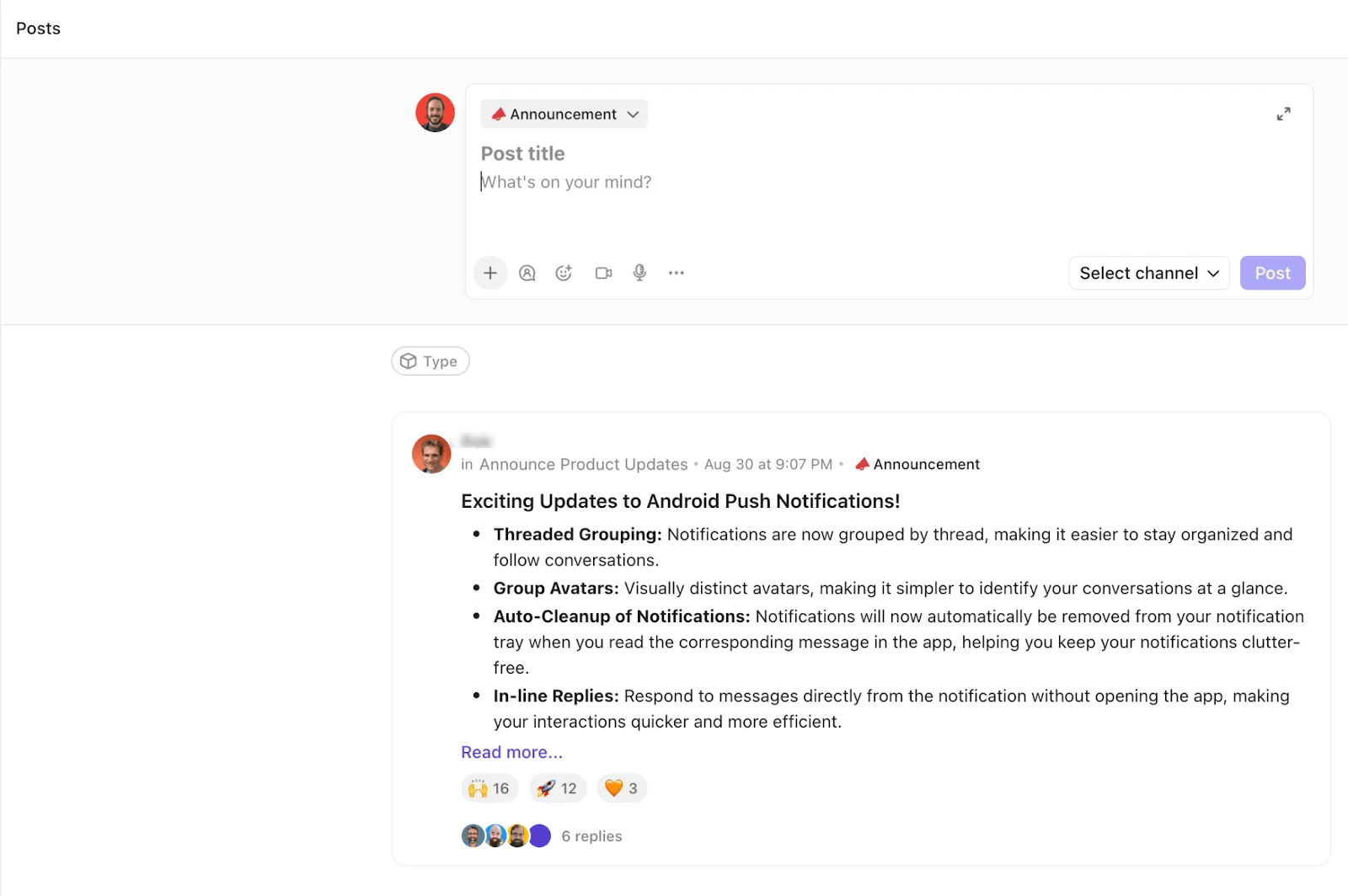 Udostępniaj aktualności dotyczące całej firmy za pomocą postów w ClickUp Chat: uporządkuj komunikację