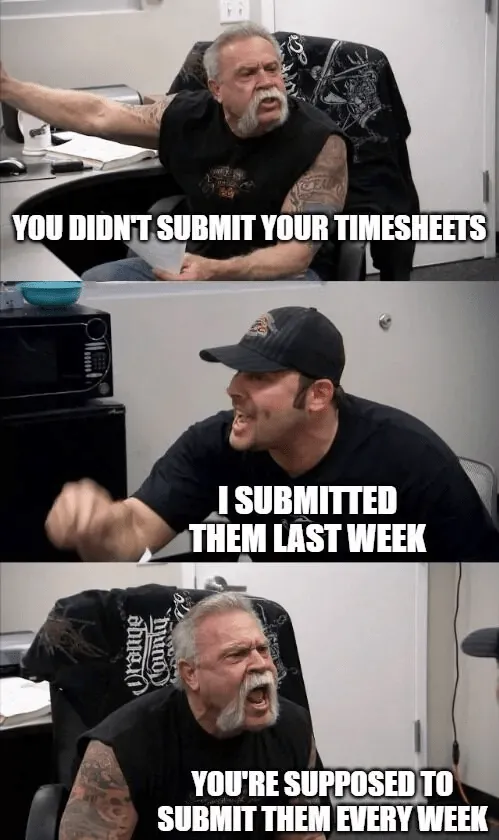 Meme sobre la hoja de horas enviada la semana pasada.
