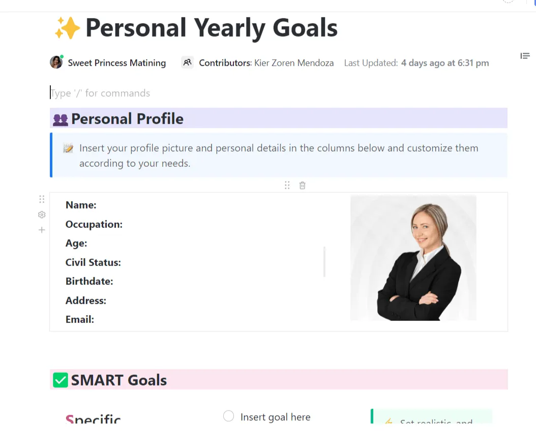 Modèle d'objectifs annuels ClickUp