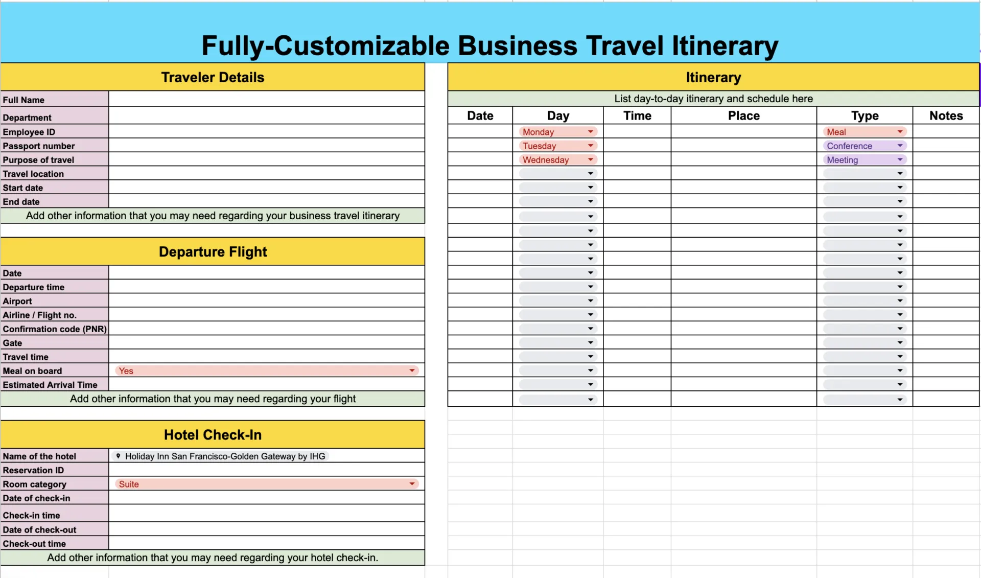 Reisschema-sjabloon Google Spreadsheets door ClickUp