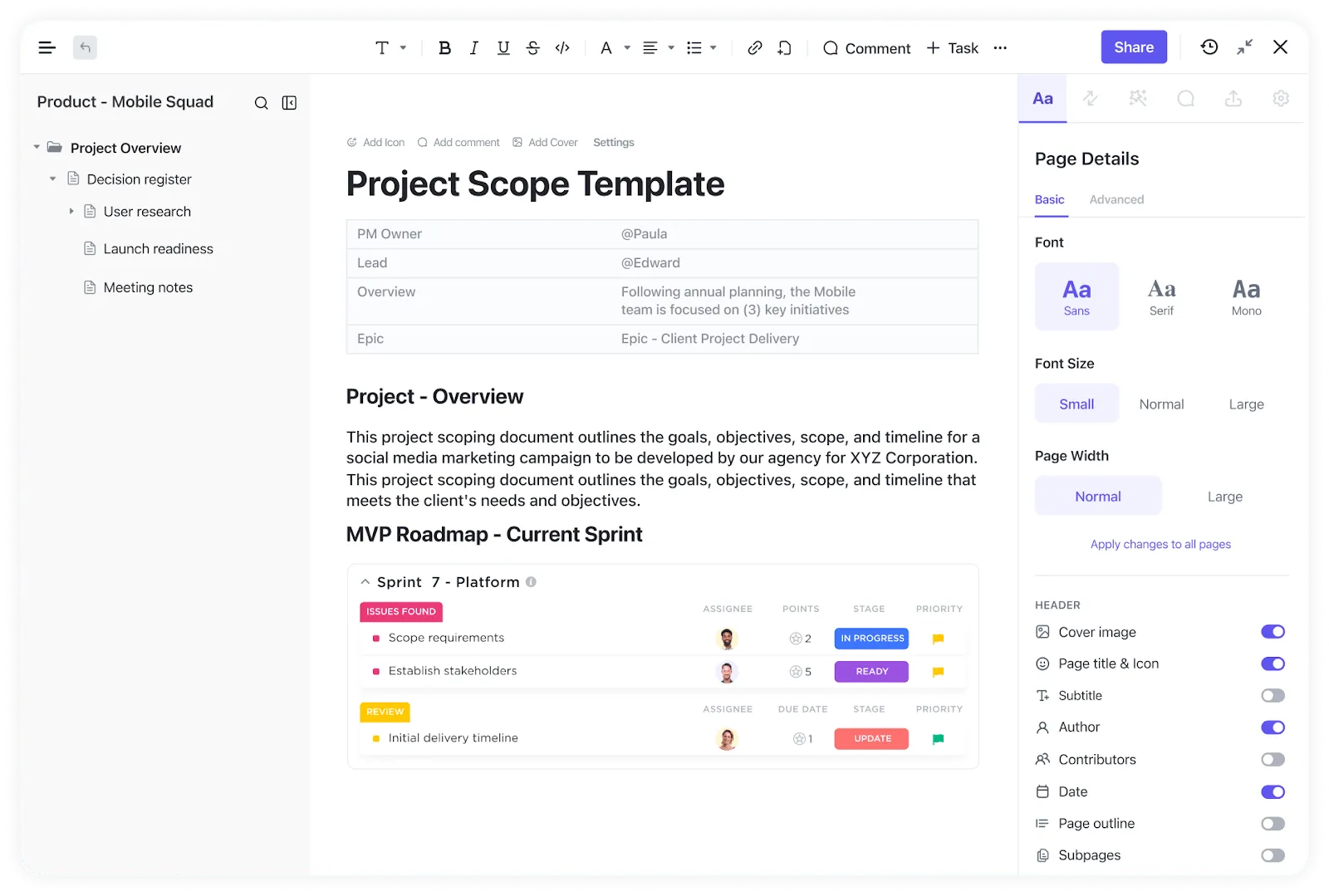 Créez des procédures opératoires normalisées, rédigez des contrats ou créez des wikis de projet avec ClickUp Docs.