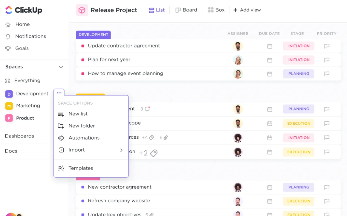 Използвайте ClickUp Spaces, за да създадете ясна, високо ниво организация за всички ваши екипи, отдели и проекти: Управление на жизнения цикъл на документите
