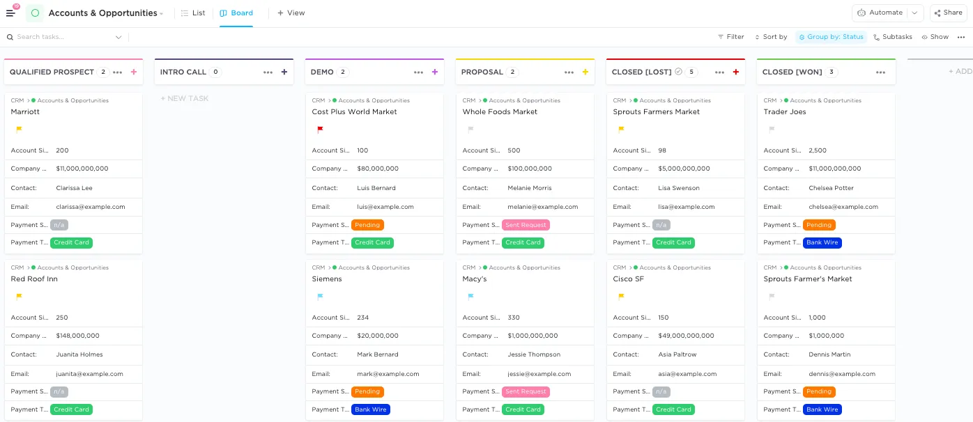 Vista Bacheca della scheda Account e opportunità nel modello CRM di ClickUp