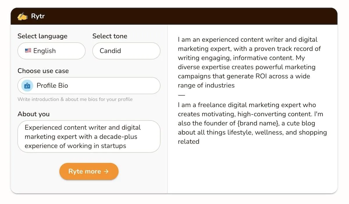 Contoh deskripsi profil yang ditulis oleh Rytr