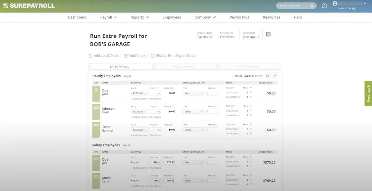 Danh sách nhân viên và mức lương của họ trong SurePayroll