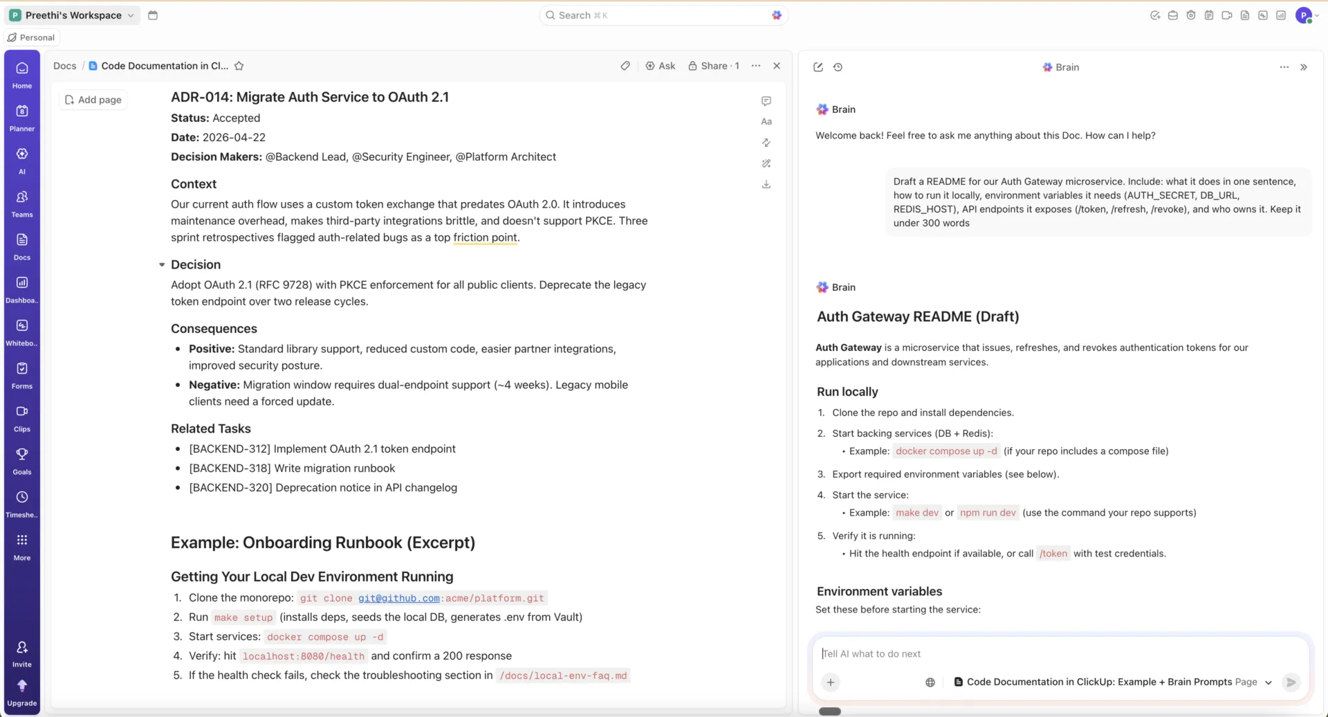 ClickUp-Dokumentation mit ClickUp Docs für Code und „Brain“-Anwendungsfall