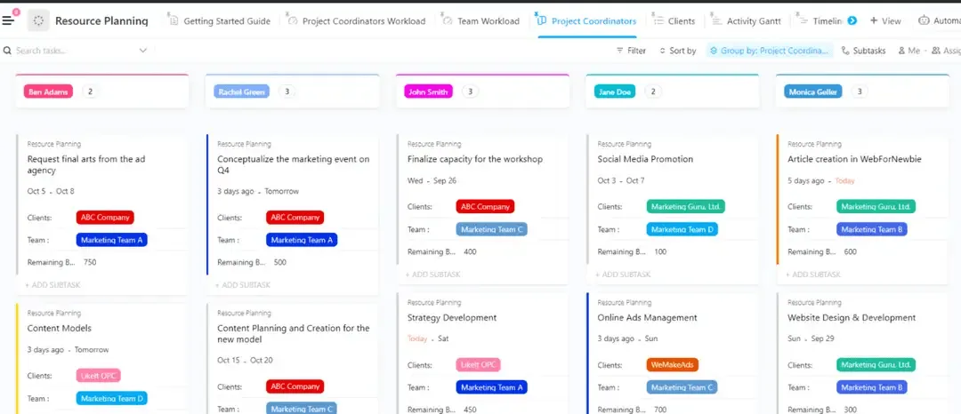 ClickUpのリソースプランテンプレートを使用して、リソースを特定し、空き状況を評価し、タイムラインを作成しましょう