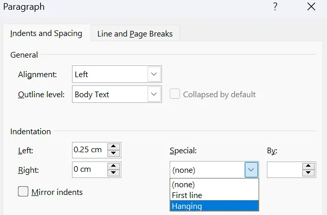 Lägg till hängande indrag i en checklista i MS Word