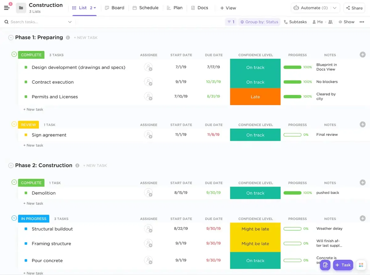 قم بتبسيط دورة حياة مشروع البناء بالكامل بسهولة باستخدام نموذج إدارة البناء ClickUp.