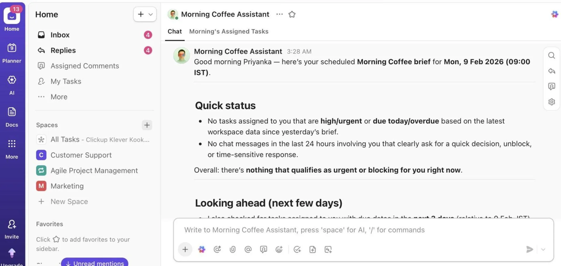 Assistente Morning Coffee: agente di produttività personale che riepiloga gli aggiornamenti da più file