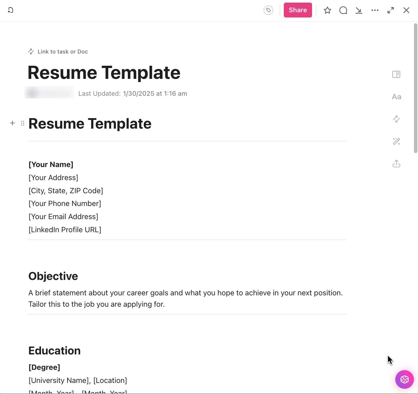 Modèles Notion esthétiques : créez un CV soigné et décrochez l'emploi de vos rêves grâce au modèle de CV général de ClickUp.