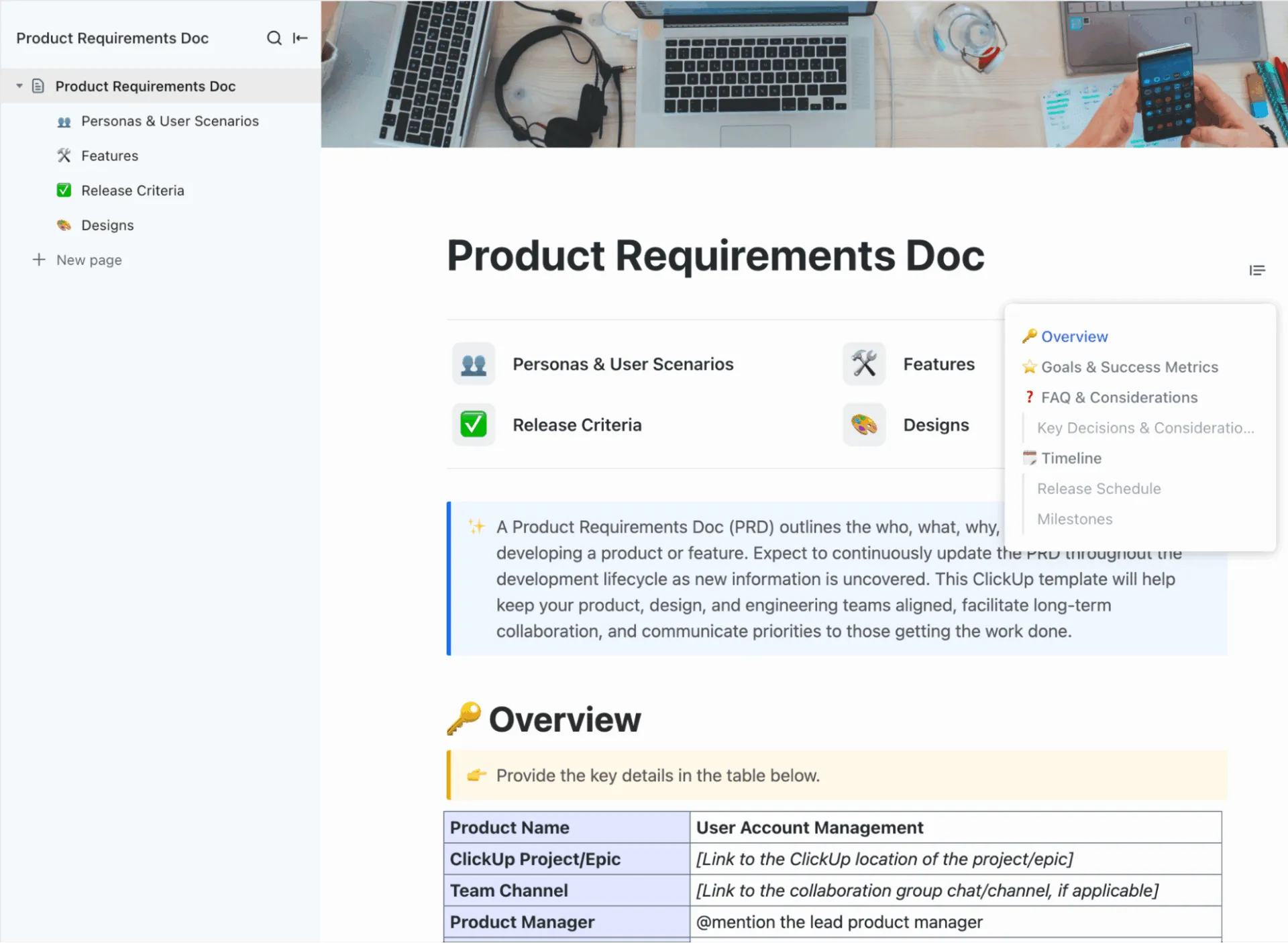 ClickUp-sjabloon voor productvereisten als document