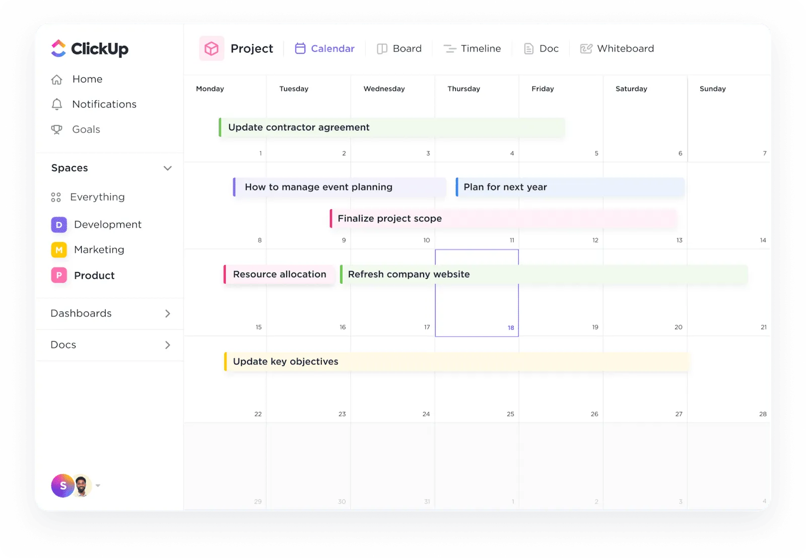 Visualização do calendário do ClickUp para gerenciar cronogramas e agendas de projetos