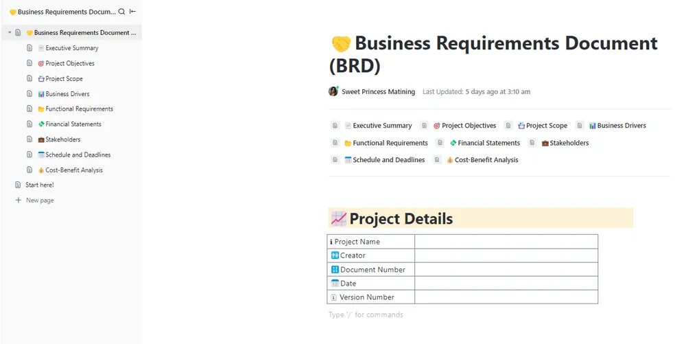 Documento de requisitos empresariales de ClickUp