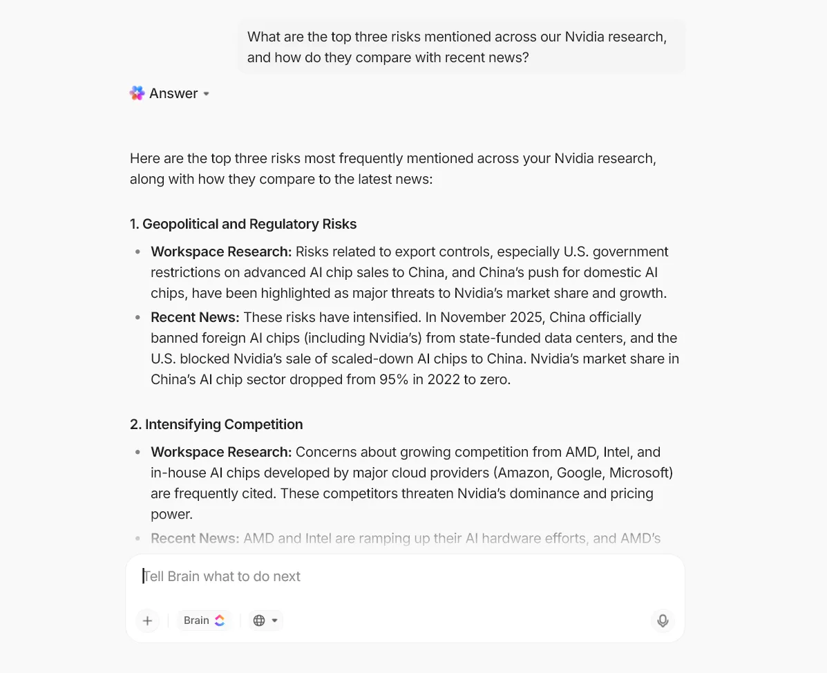 Débloquez des informations pertinentes à partir de votre environnement de travail grâce à ClickUp Brain MAX.
