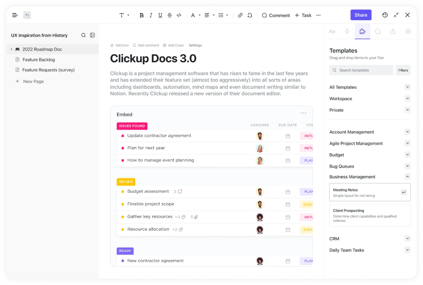 Verwenden Sie ClickUp Docs, um wichtige Informationen zu dokumentieren und mit dem Team freizugeben.